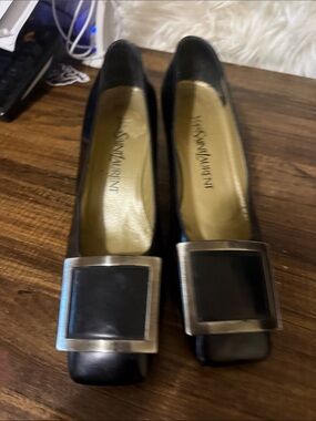 Yves Saint Laurent Black Leather Square-Buckle Flats